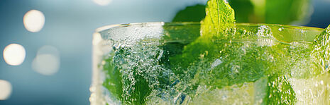 Alcoholic drink in a glass with ice and mint