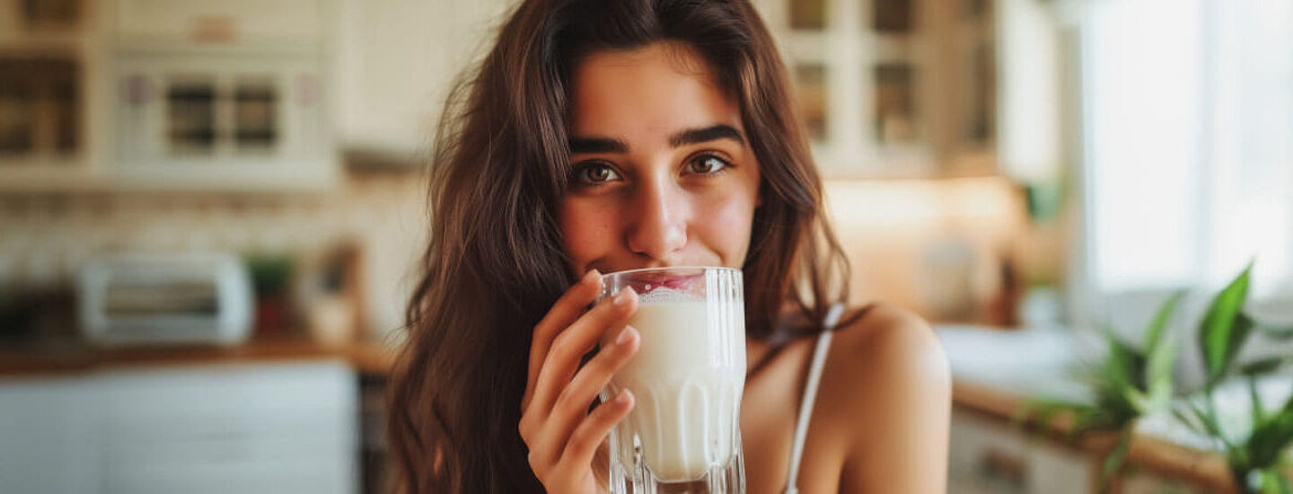 Uma mulher com um copo de leite