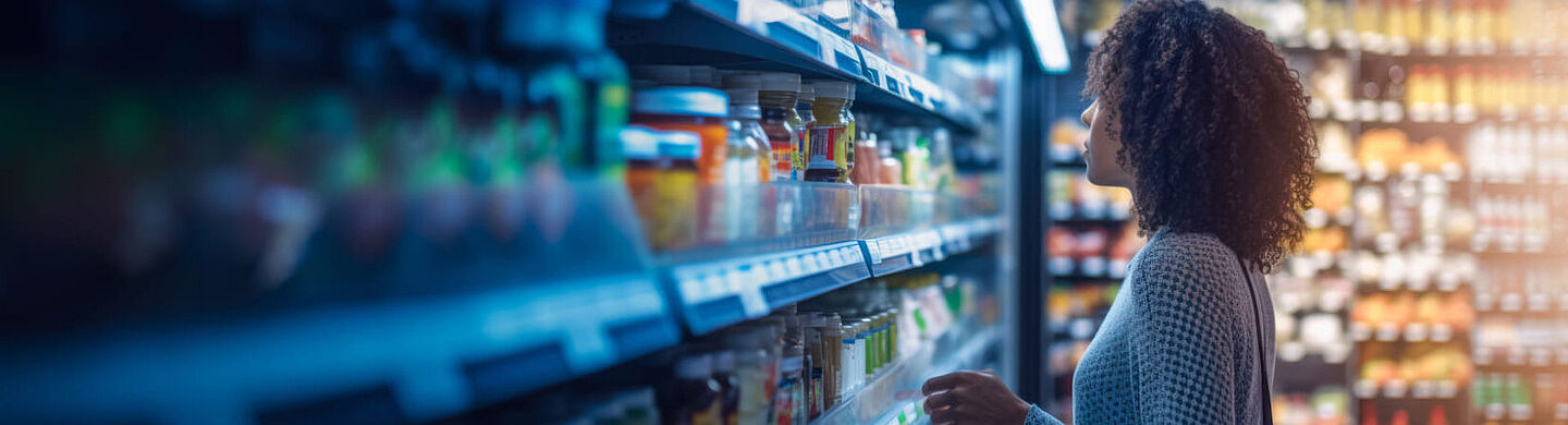 Woman stands in front of a supermarket shelf