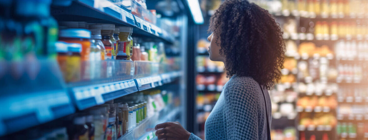 Woman stands in front of a supermarket shelf