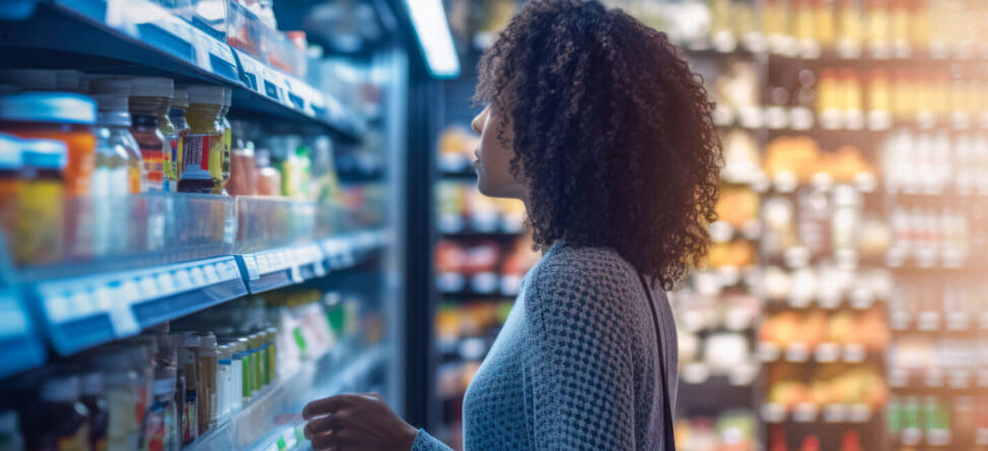 Woman stands in front of a supermarket shelf