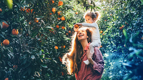 menina e mulher apanhando laranjas
